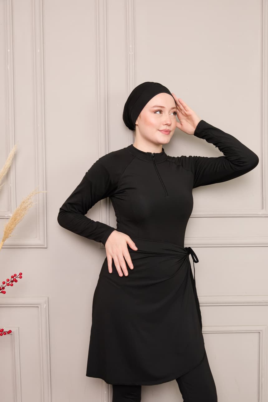 siyah sörfçü tesettür mayo (Etek, Zıbın, Bone, Pantolon